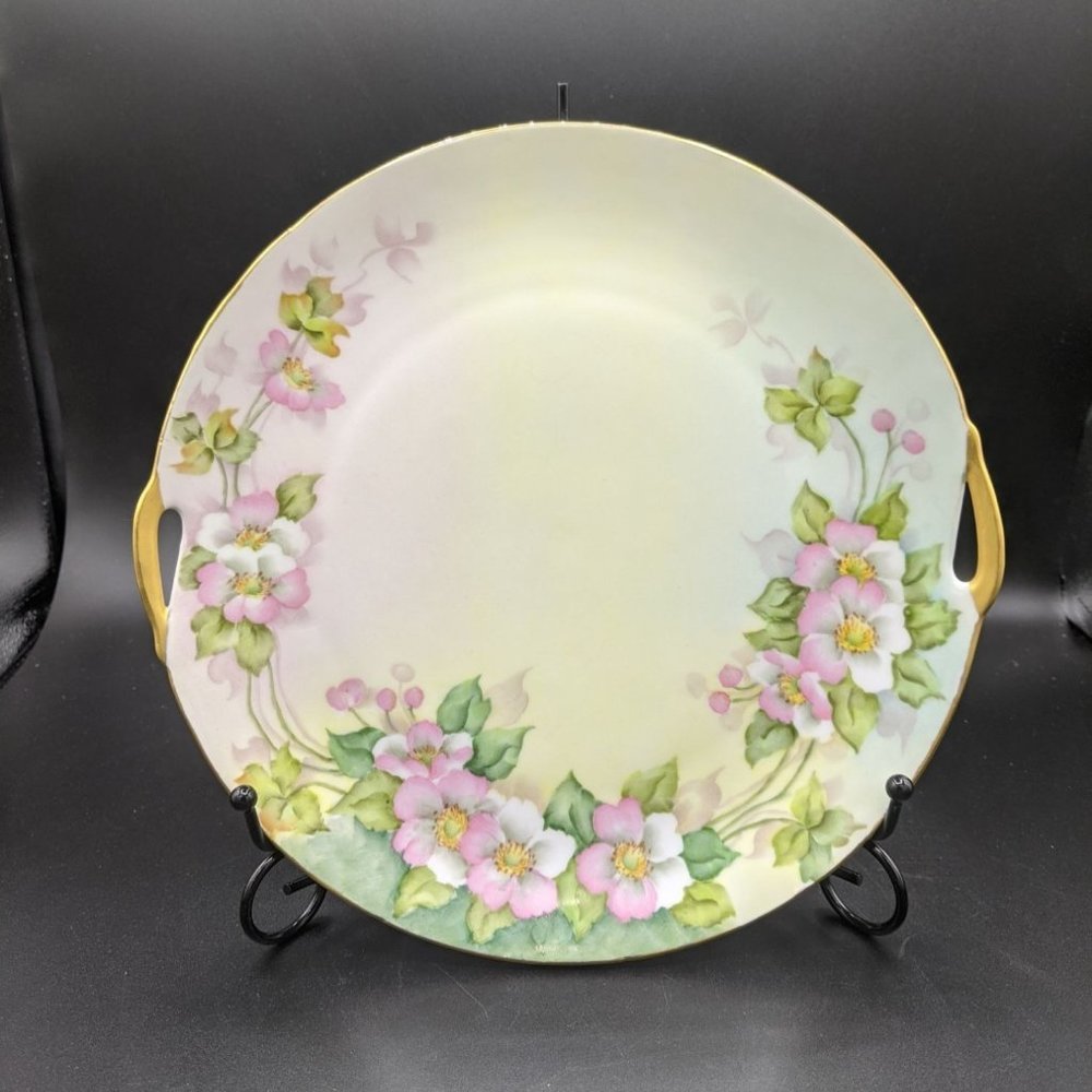 Wild Rose Cake Plate w Loves Trail Poem VTG 1941 Hand Painted Double Handle 10"